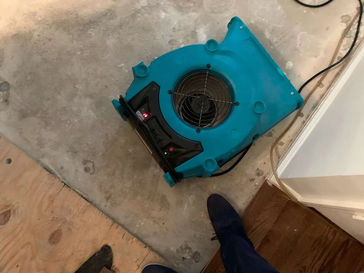 Air mover drying subfloor during Commercial Water Damage Restoration in Brentwood